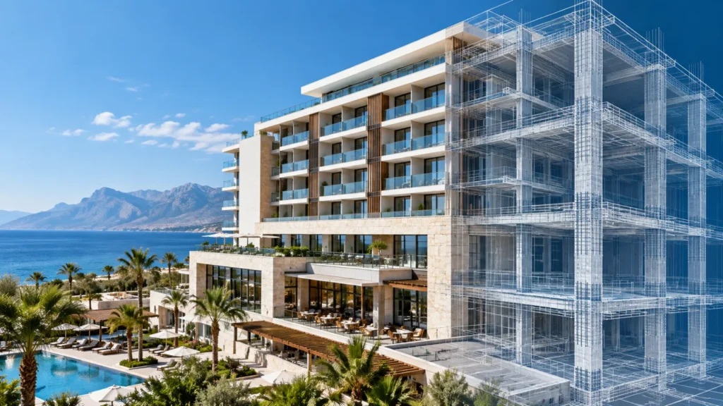 Antalya'da deniz kenarındaki otel binası ve betonarme taşıyıcı sisteminin deprem performans analizi görseli